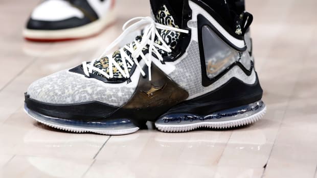 Detailed view of LeBron James shoes.